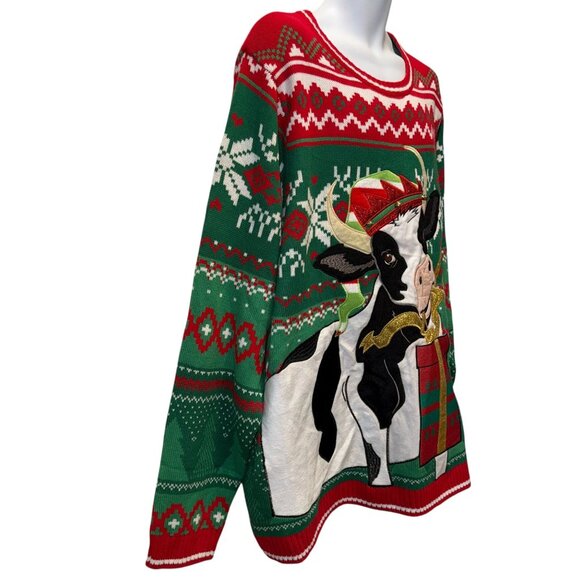 Holiday Time Ugly Sweater Mens 3XL 54 56 Christmas Bull Cow Opening Gift Bells - Picture 4 of 9